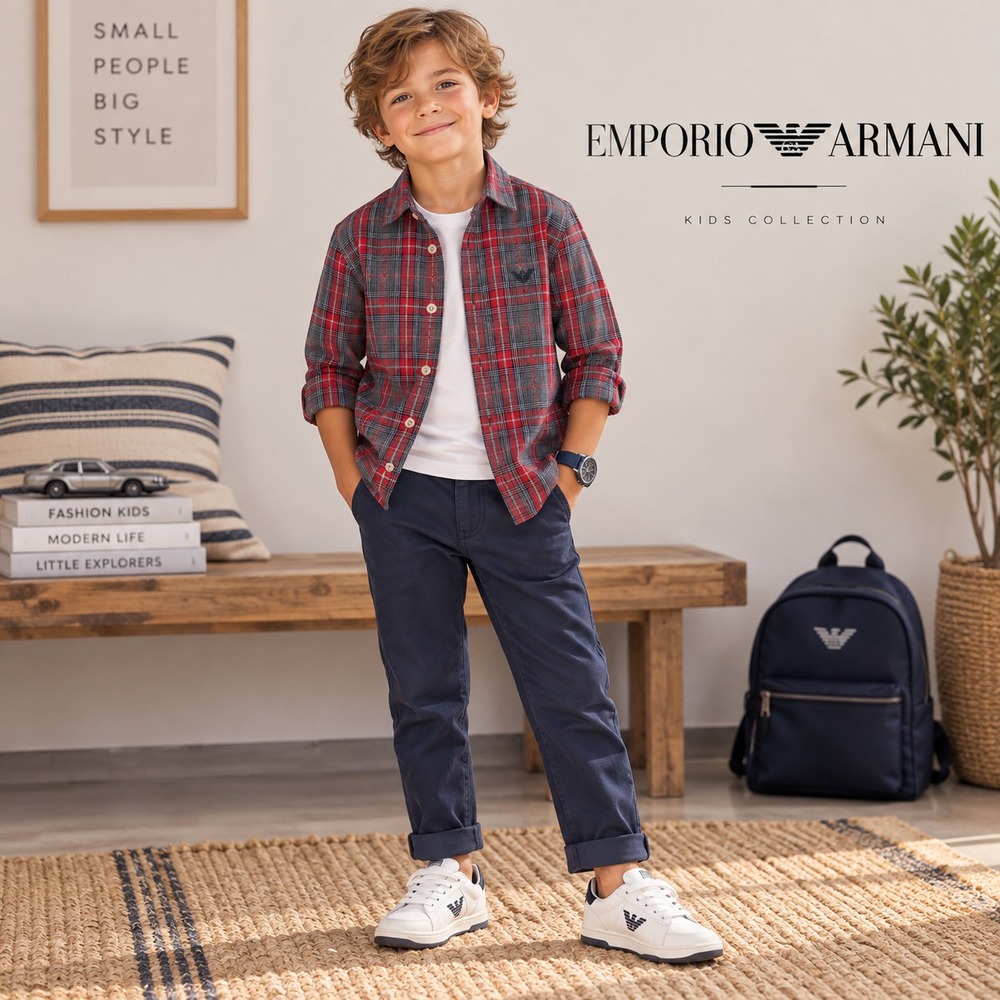 EMPORIO ARMANI Kids Boys 4 Button Down Shirt Eagle Logo Red Gray Plaid